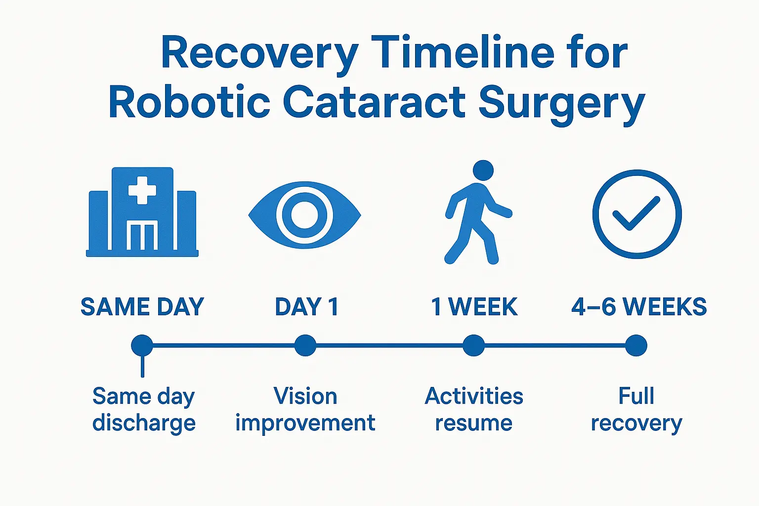Recovery timeline infographic for robotic cataract surgery from same day discharge to full recovery in 4–6 weeks
