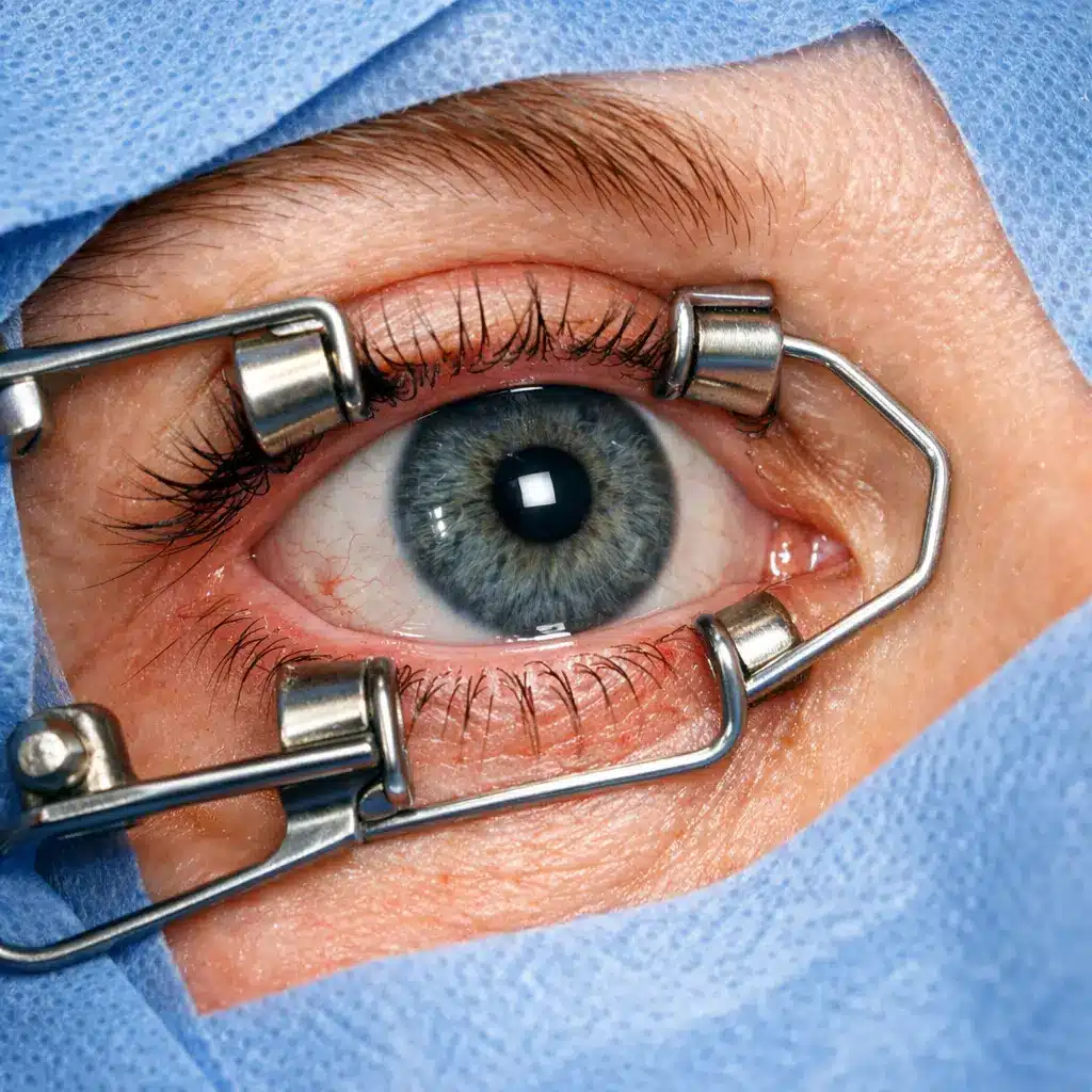 Close-up of eye during Lasik Surgery with eyelid speculum in place