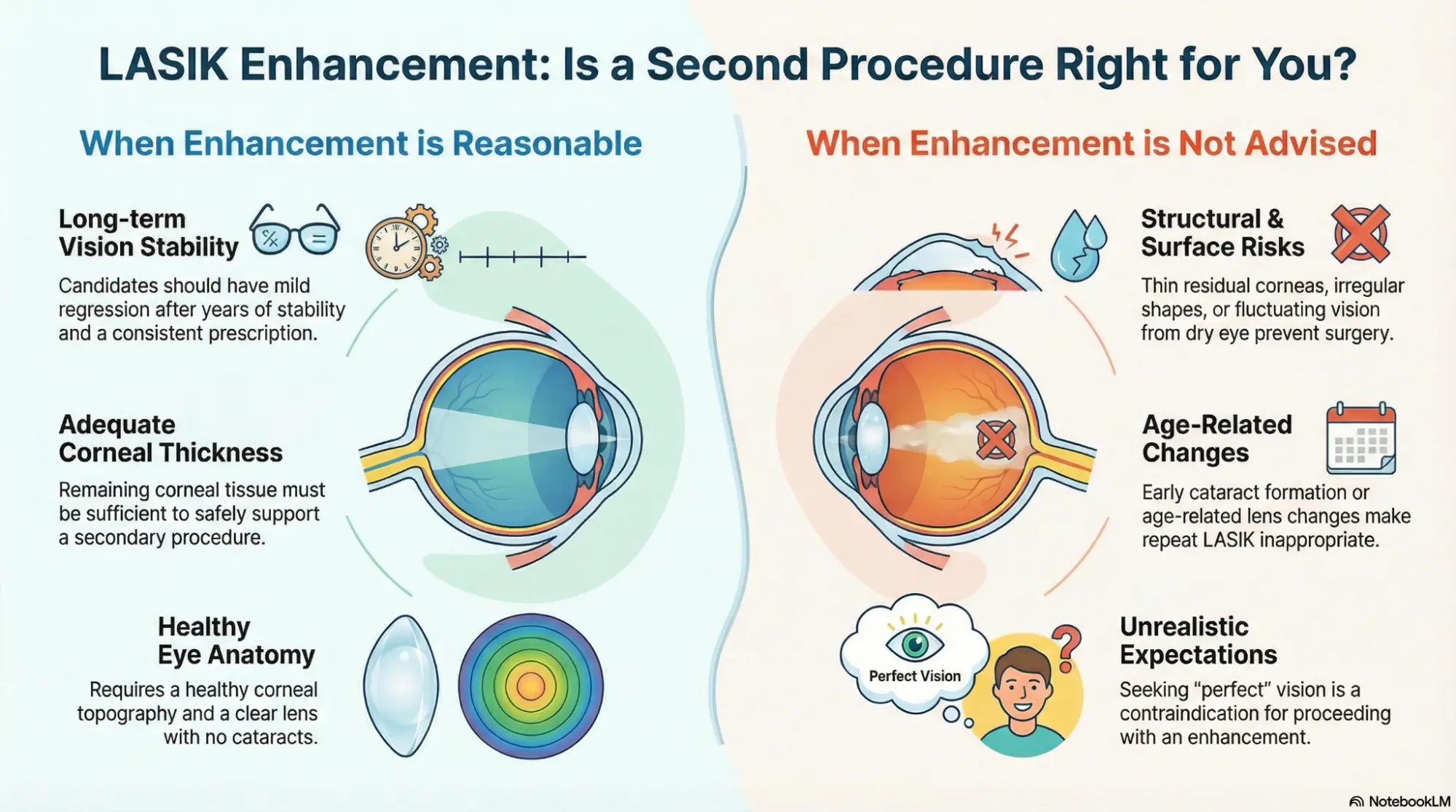 LASIK enhancement infographic showing when a second procedure is advised or not advised