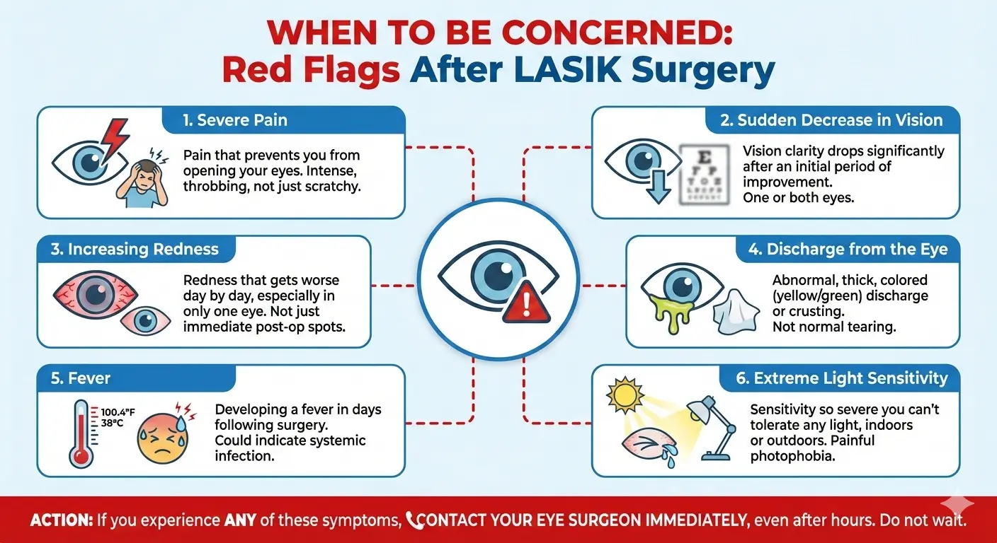 Warning signs after Lasik Surgery including pain, redness and vision changes