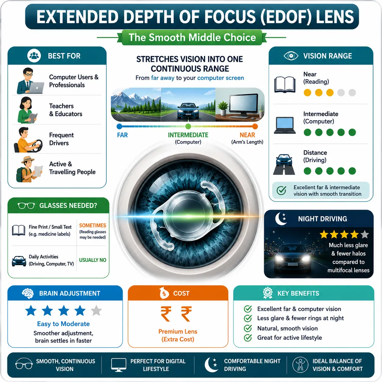 Infographic explaining EDOF cataract lenses with vision range, benefits, glasses requirement, and cost
