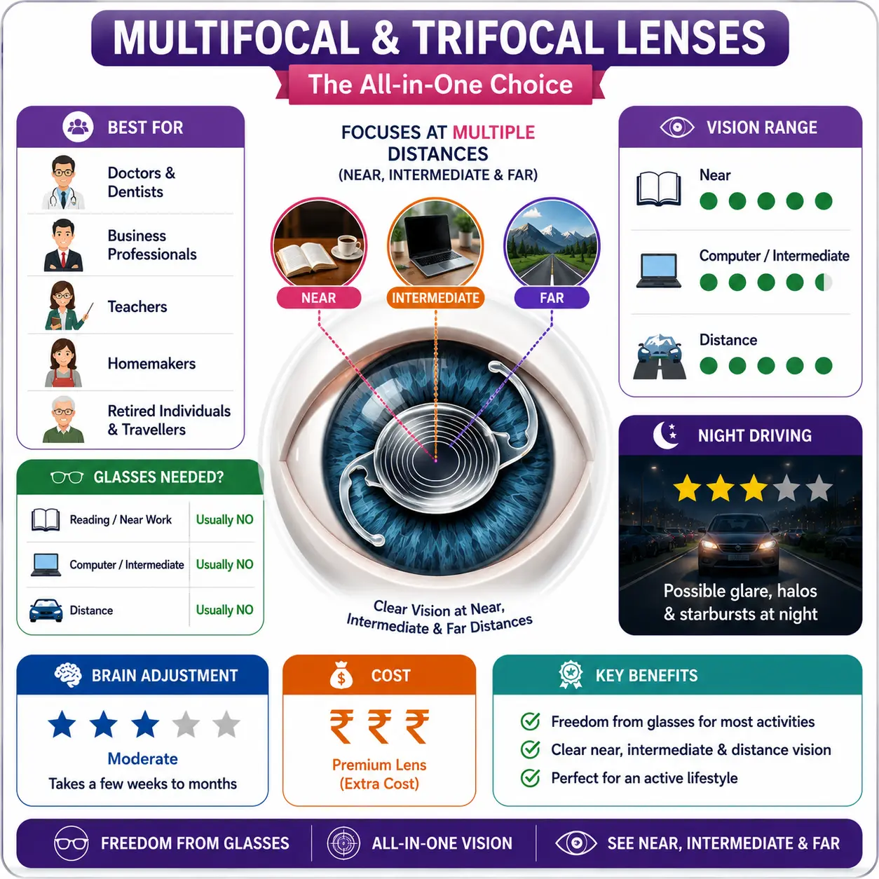 Infographic explaining multifocal and trifocal cataract lenses with vision range, benefits, cost, and suitability