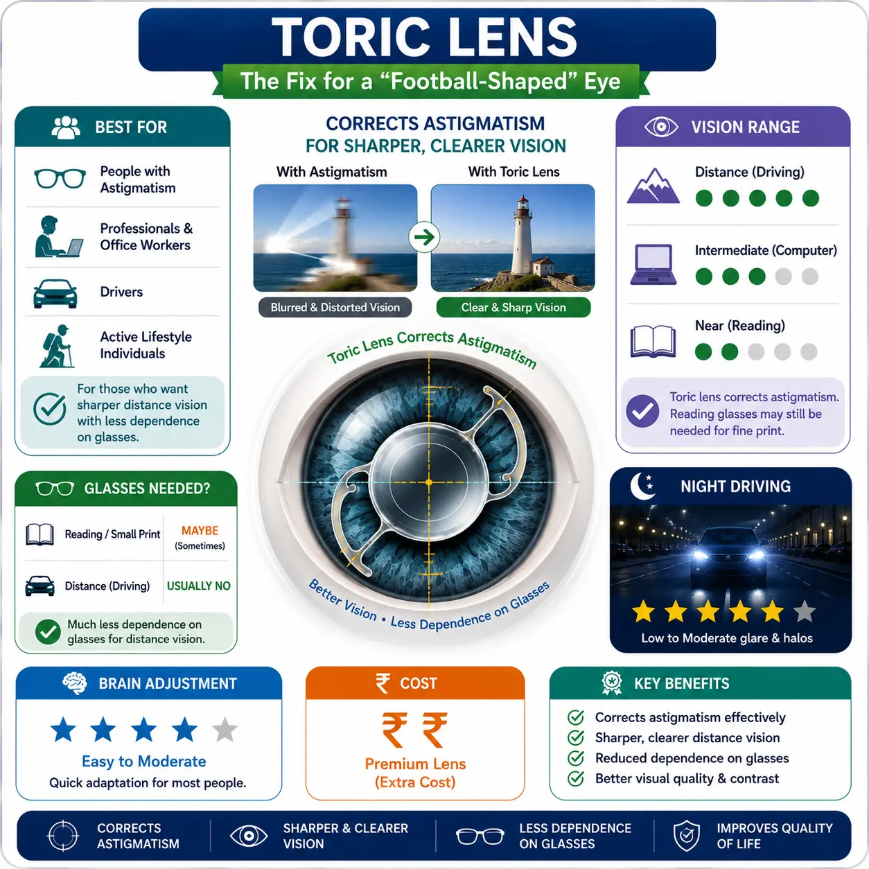 Infographic explaining toric cataract lenses for correcting astigmatism, with benefits, vision range, and cost