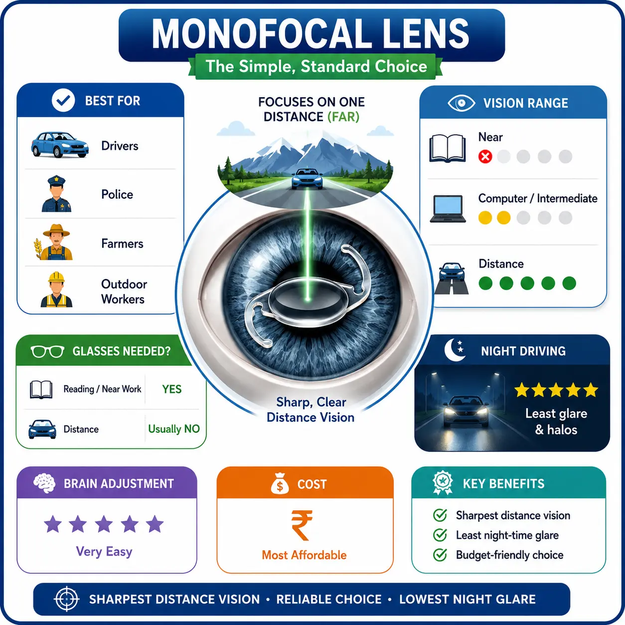 Infographic showing monofocal cataract lenses with distance vision, benefits, glasses requirement, and cost