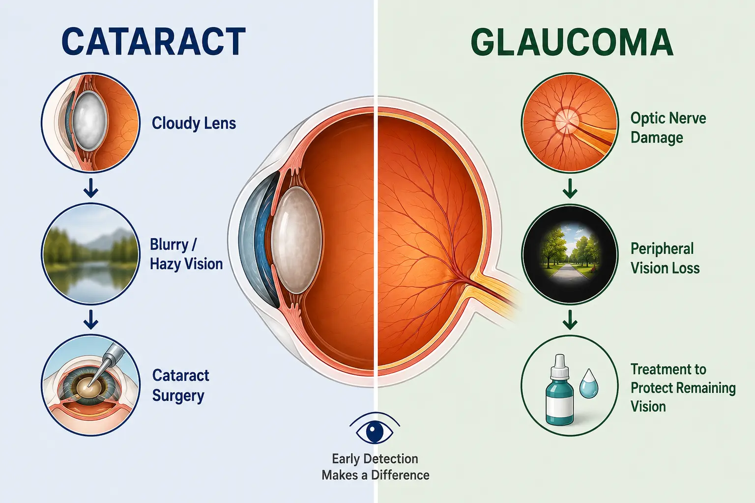Cataract and glaucoma comparison showing symptoms and treatment