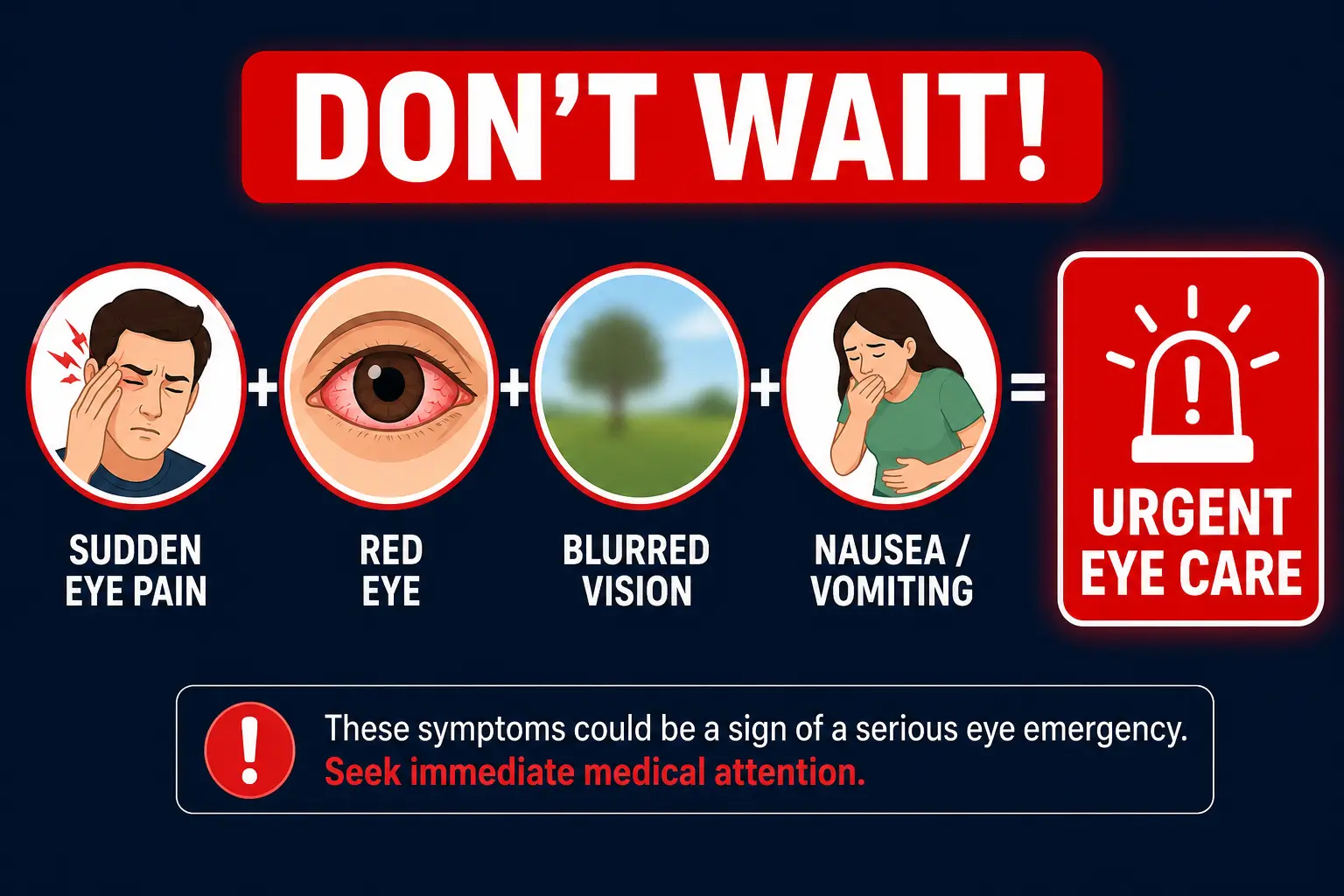 Urgent eye care warning showing sudden eye pain, red eye, blurred vision, and nausea or vomiting