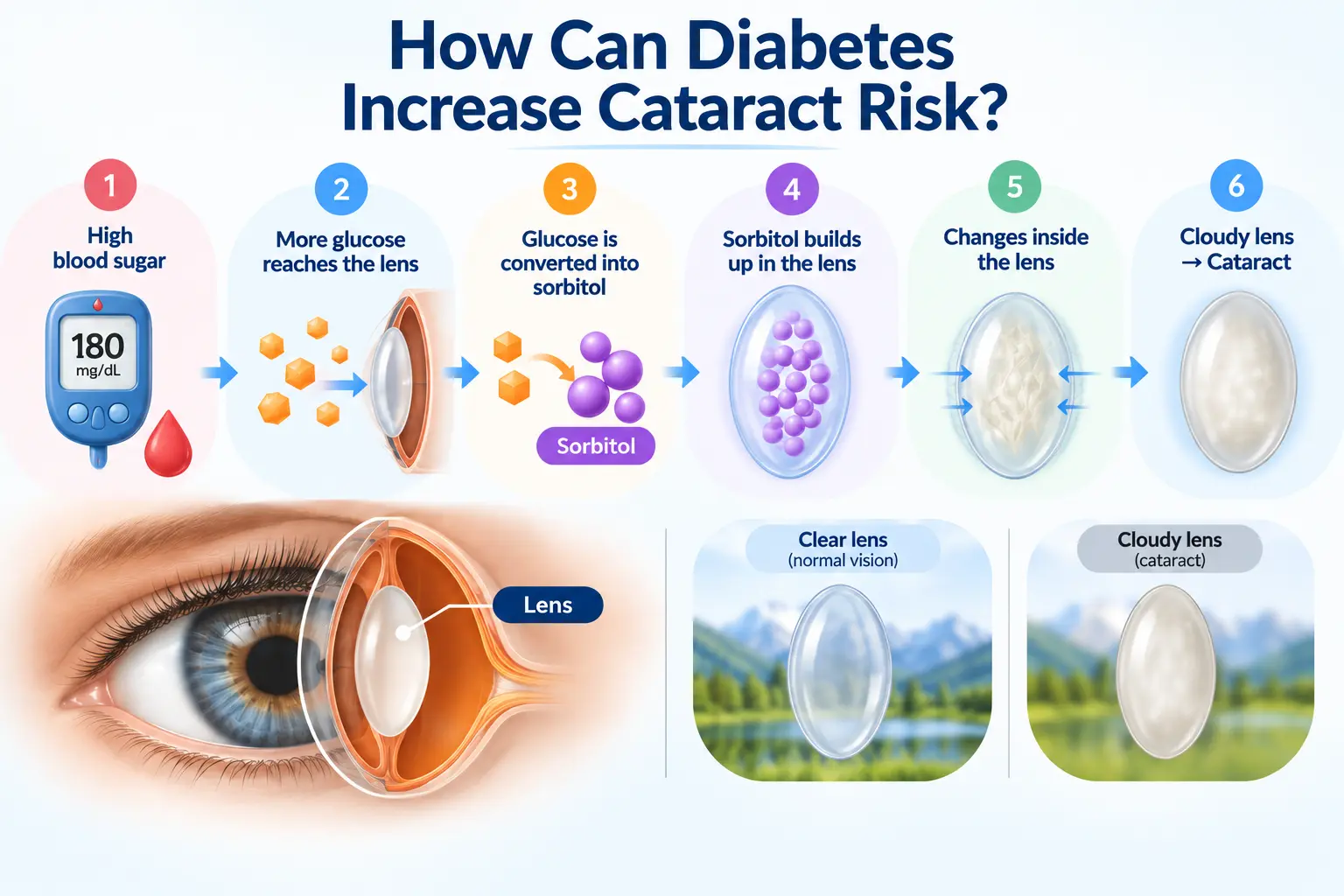 How diabetes increases cataract risk through high blood sugar and lens changes
