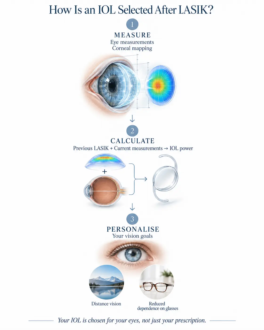 IOL selection after LASIK based on eye measurements, corneal mapping, IOL power calculation and vision goals