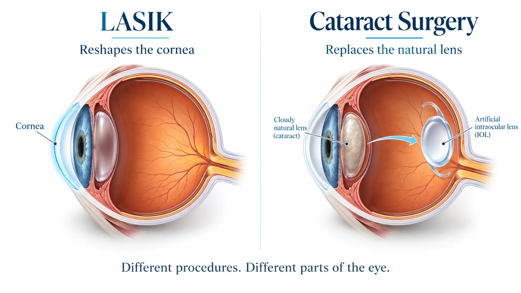 LASIK reshapes the cornea while cataract surgery replaces the cloudy natural lens with an artificial IOL