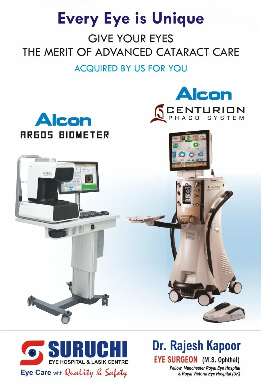 Poster of the Alcon ARGOS biometer and Alcon Centurion phaco system used for cataract surgery at Suruchi Eye Hospital