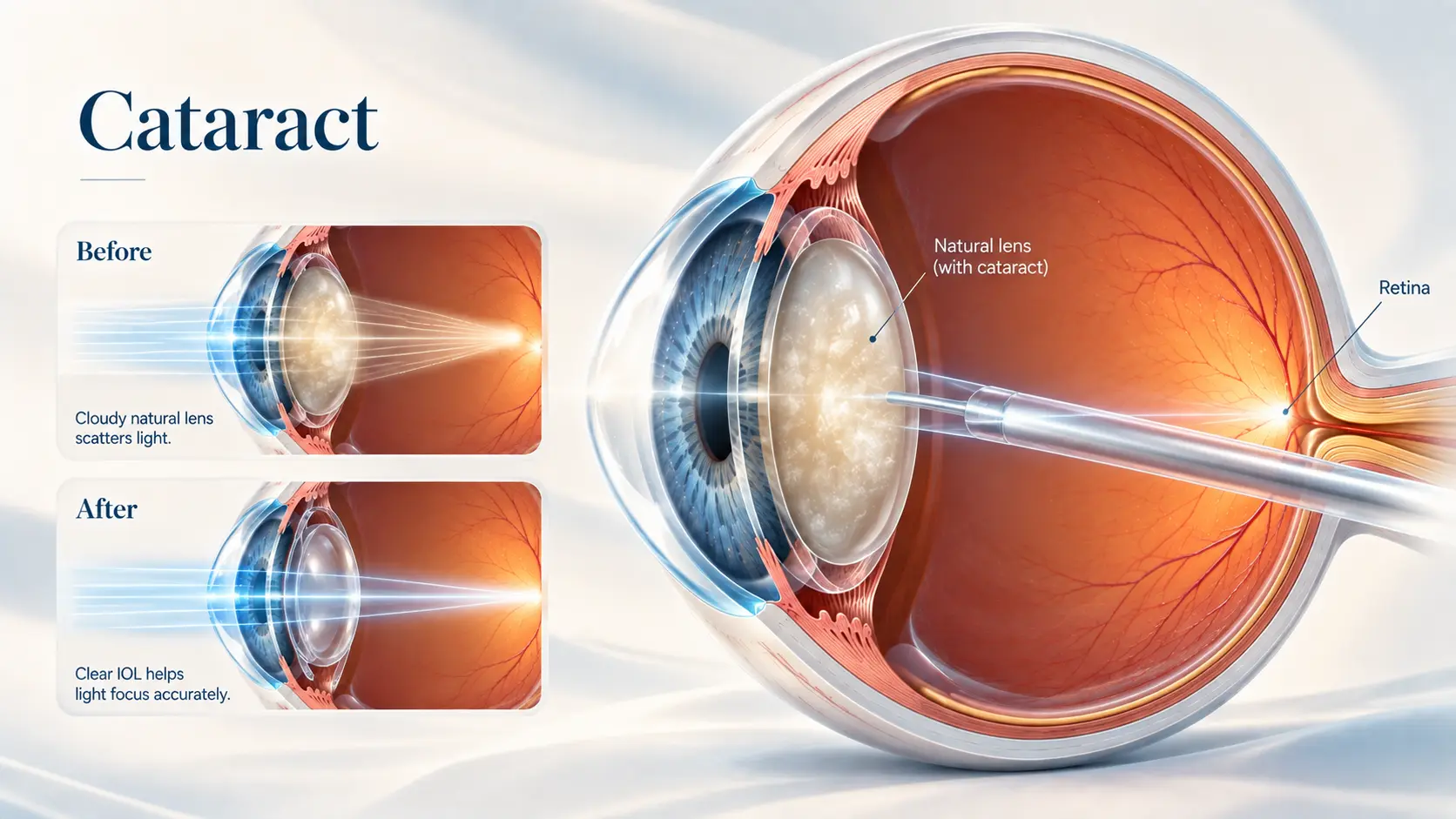 Diagram of cataract surgery: a cloudy natural lens scatters light, a clear artificial lens (IOL) focuses it accurately