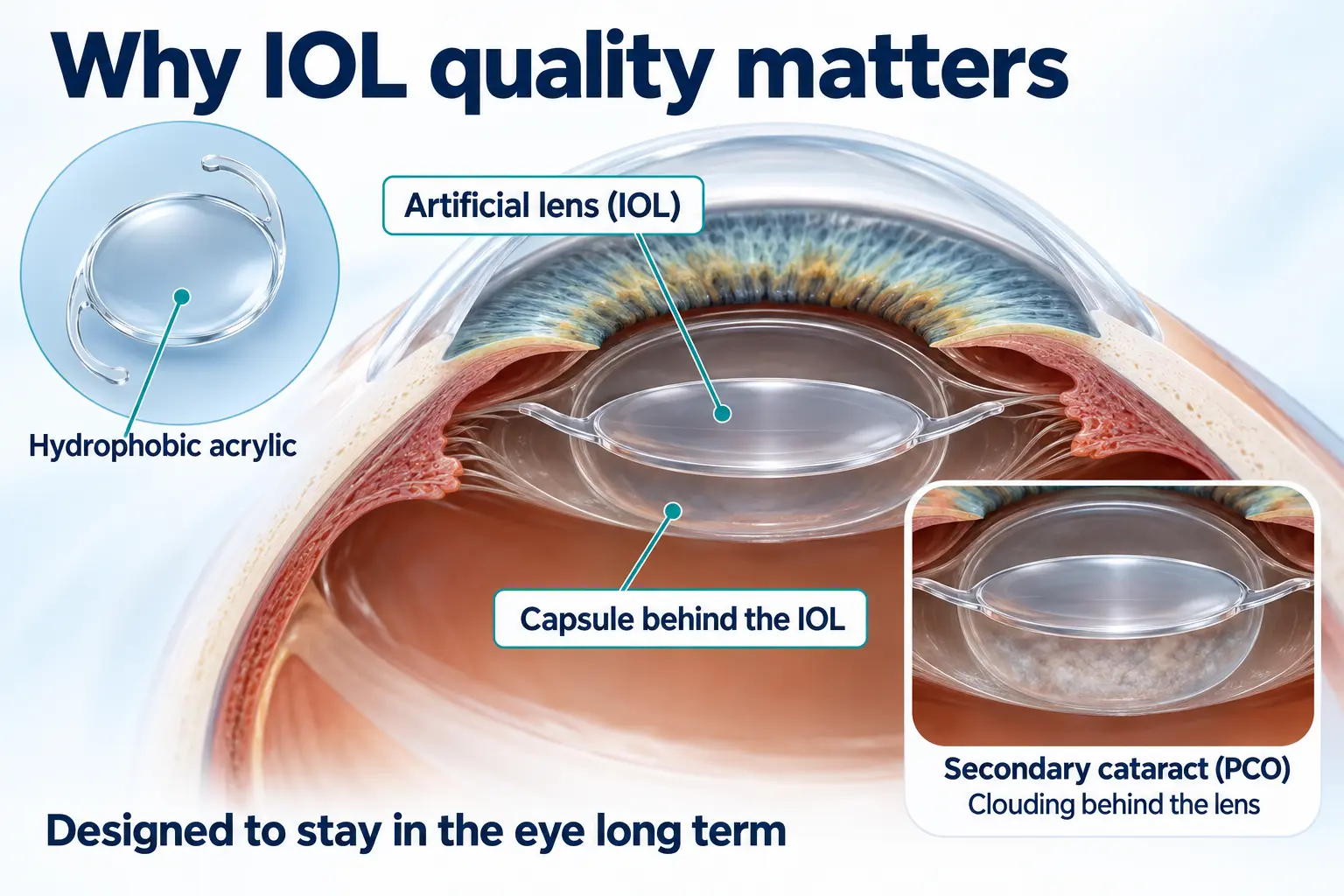 Diagram of a hydrophobic artificial lens (IOL) in the eye and a secondary cataract (PCO) clouding behind it