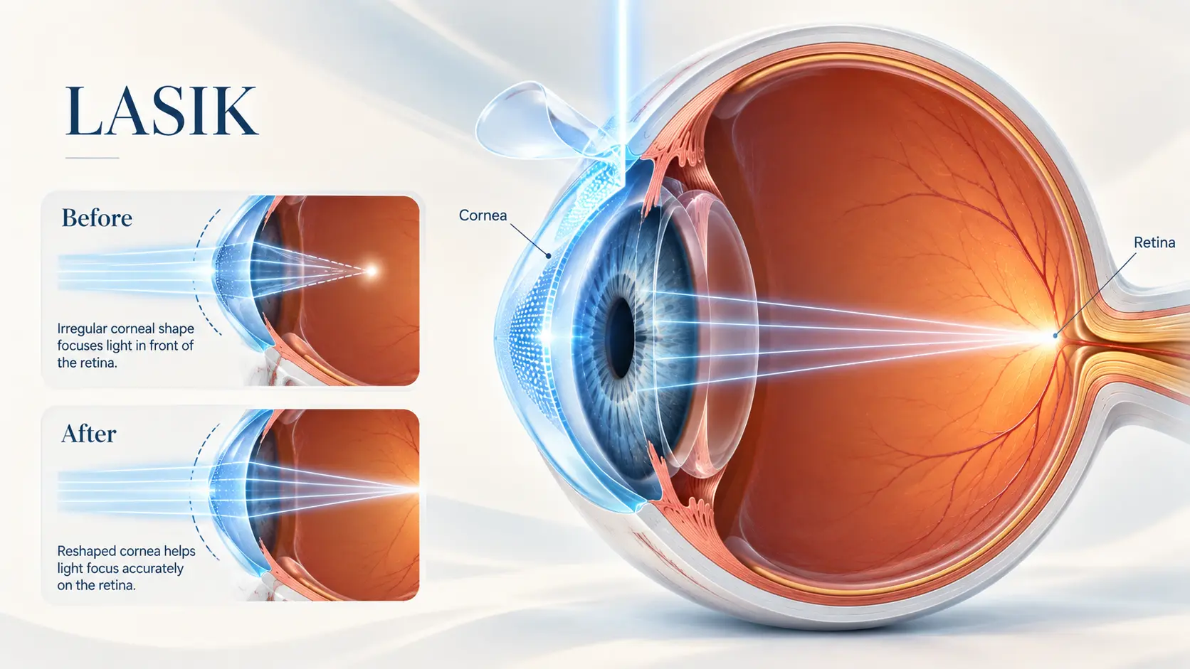 Diagram of LASIK: an irregular cornea focuses light in front of the retina, a reshaped cornea focuses it on the retina