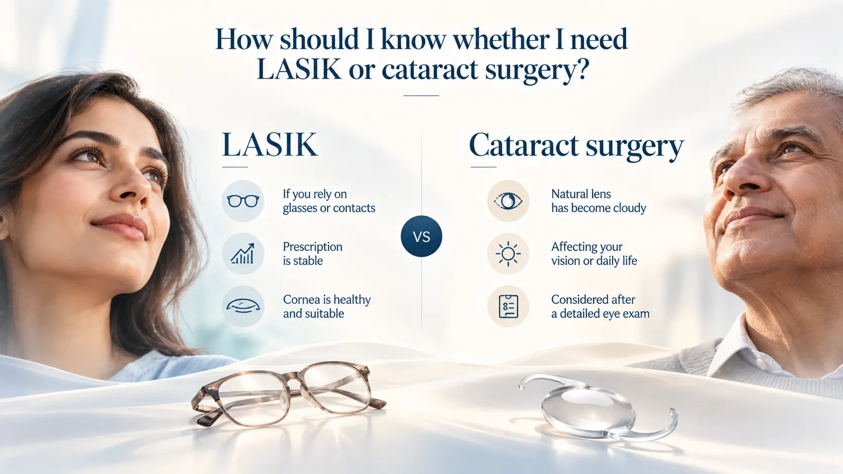 Comparison of when LASIK suits someone with stable glasses and a healthy cornea, and when cataract surgery suits a cloudy lens