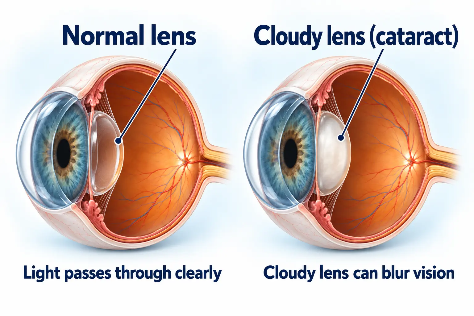 Illustration comparing a normal lens, where light passes through clearly, with a cloudy lens (cataract) that can blur vision