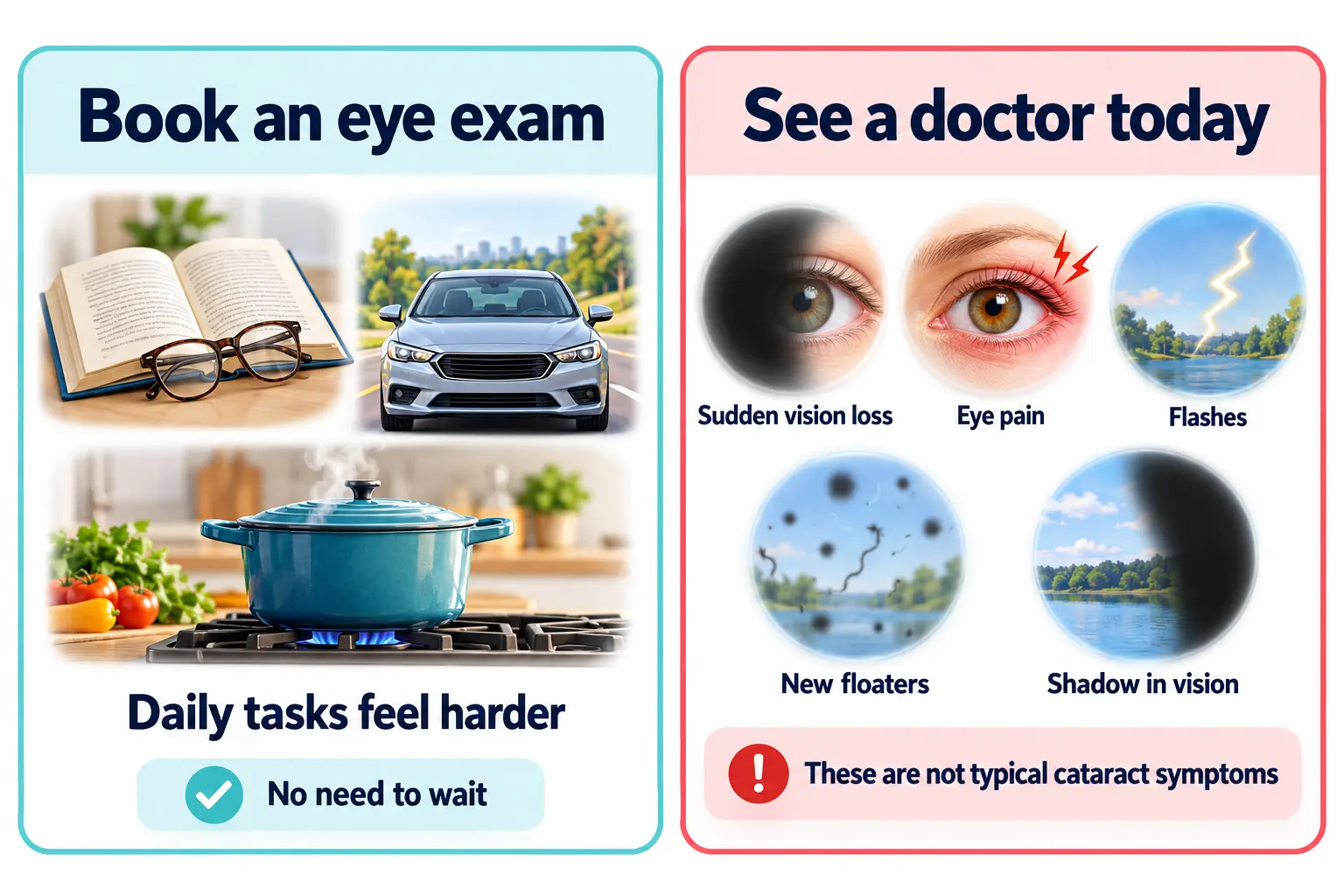 Book an eye exam when daily tasks feel harder; see a doctor today for sudden vision loss, eye pain, flashes, new floaters or a shadow